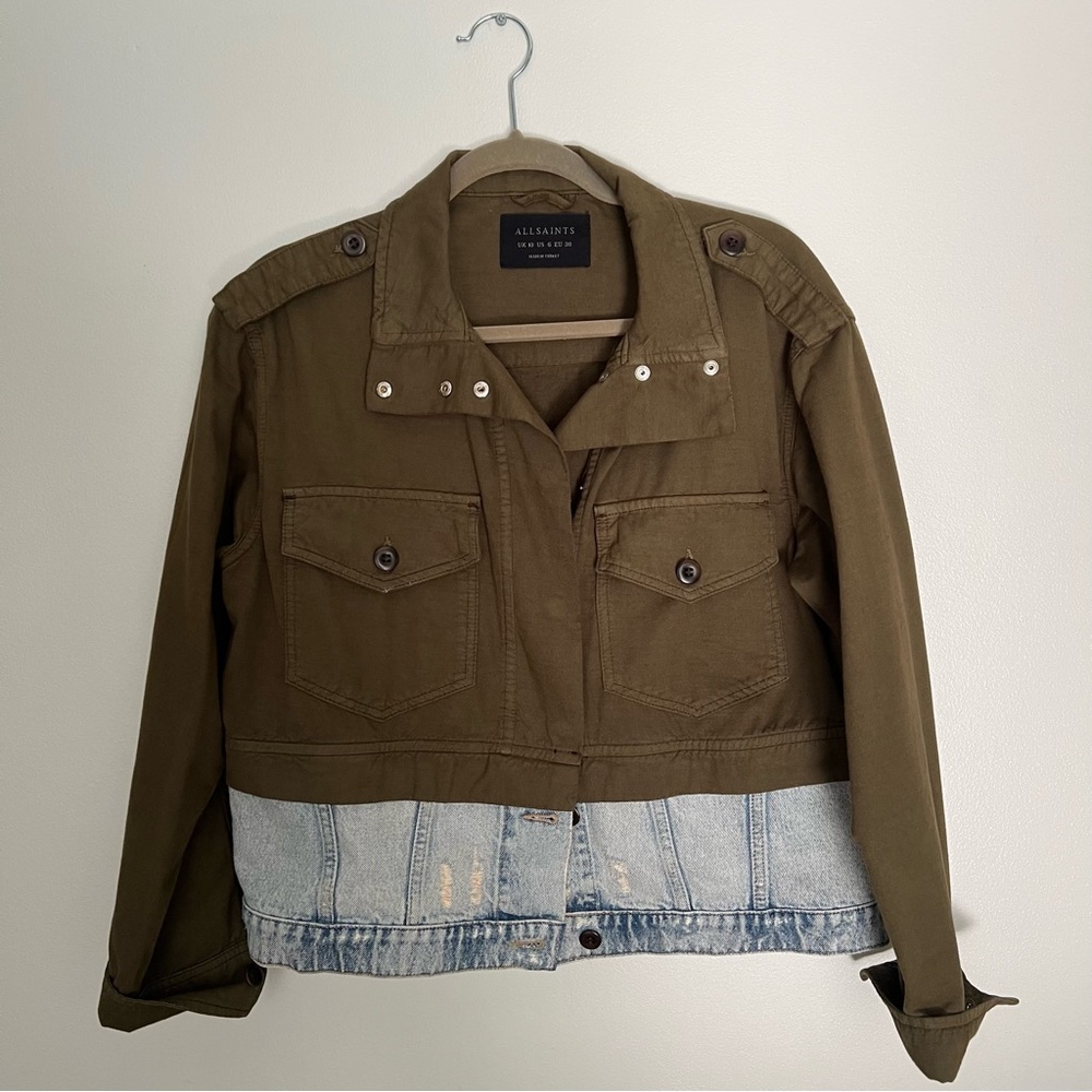 AllSaints Olive Green and Denim Convertible Military Jacket